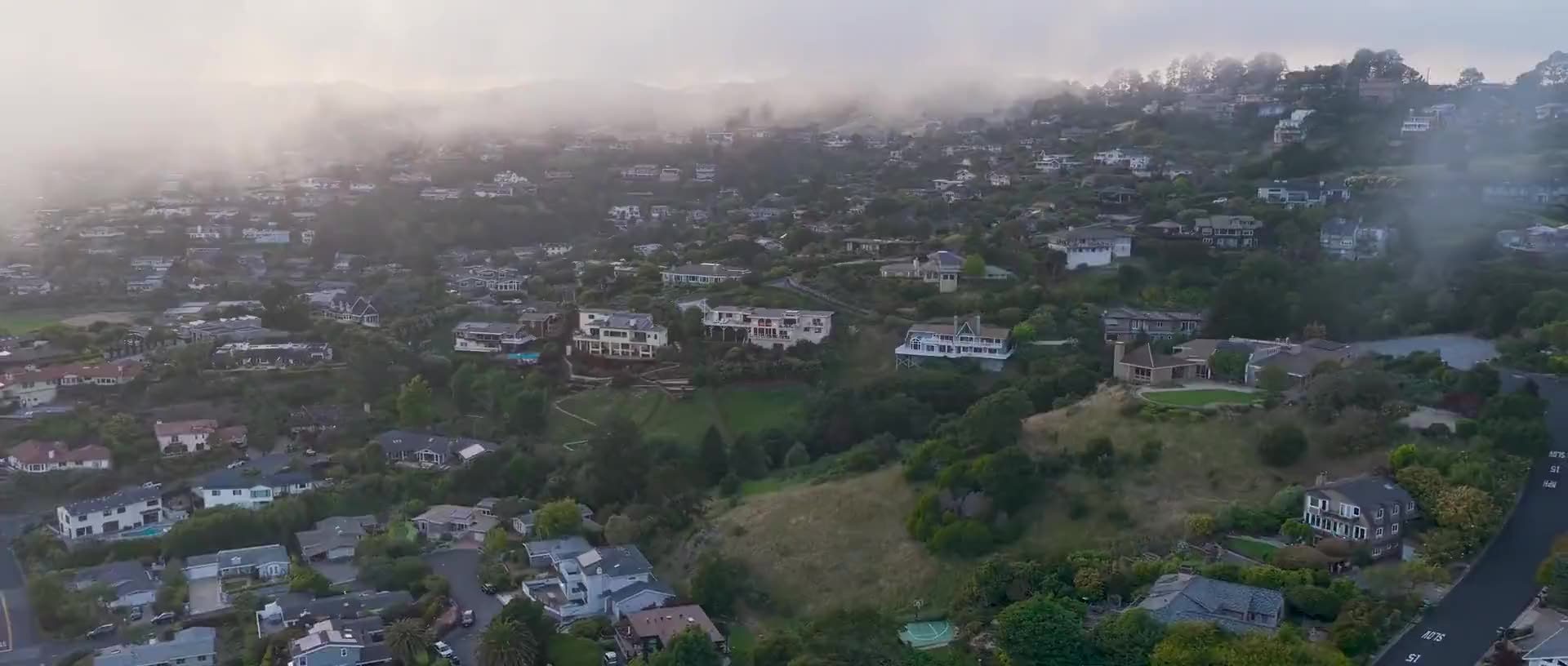 Aerial view of a Marin County hillside neighborhood